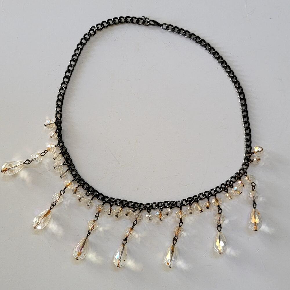 Vintage Crystal Drop Necklace with Faceted Glass Bead on Dark Tone Chain Jewelry